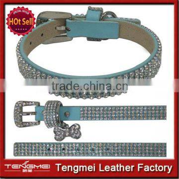 Fashon blue leather diamond wholesale dog collar for pets