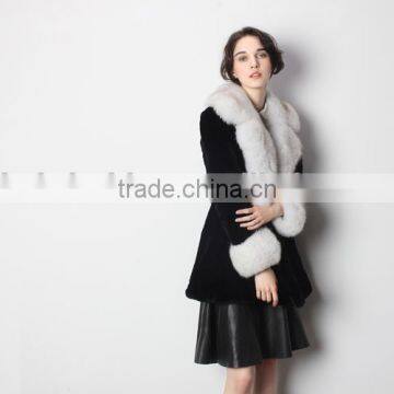 New Arrival High Quality Rex Rabbit Fur Coat with Fox Fur Collar and Cuff with Low Price