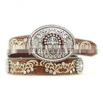 Western cowgirls' Croc print brown leather belt embroidery rhinestones concho oval belt