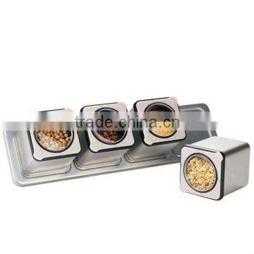 SINOGLASS 4 pcs square shape tin spice jar with rack