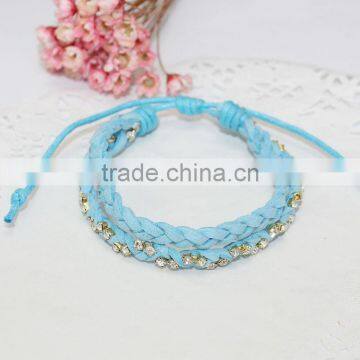Rhinestone Chain Suede Leather Braided Layered Bracelet Double Strand Velvet Leather Handwoven Bracelet photo-6