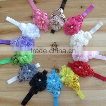 satin rose flower with pearl in center headband for kids hair accessories