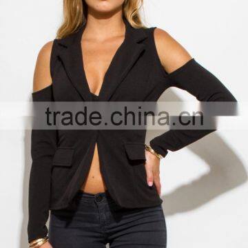 Custom Black Long Sleeve Cold Shoulder Cut Out Sexy Blazer photo-2