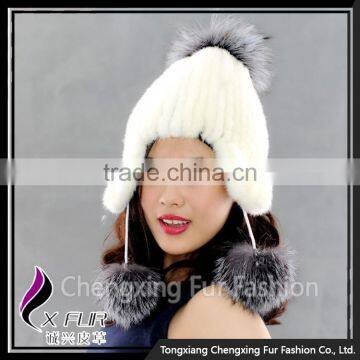 CX-C-42C Lovely Women Genuine Mink Fur Winter Hat Silver Fox Fur Ball