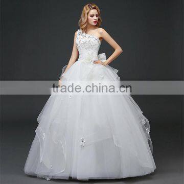 Floral Lace Trim Hem One Shoulder Crystals Pearl Ball Gown Appliques Lace Tulle Customize Wedding Dresses photo-6