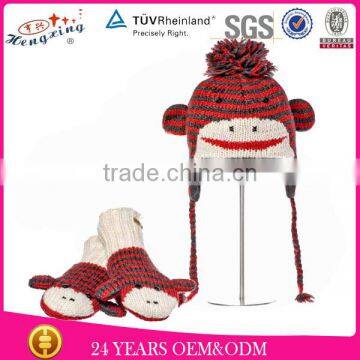 Cute Stripe Sock kids Monkey Knitted Animal Hats With Gloves