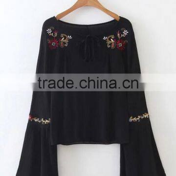 Runwaylover EY2366B Ladies Fashion Flare Sleeve Embroidery Blouse photo-3