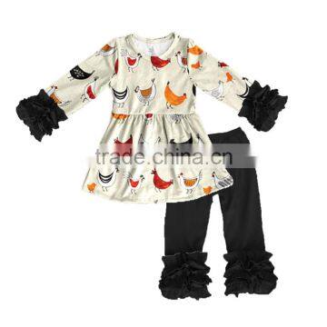 CH00294YIWU BOYA Cotton milk silk ruffle dress kids clothes black chook prints wearing boutique dresses