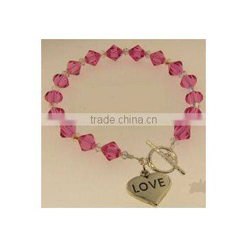 Wholesale pink crystal charming bracelets/heart charm engraving 'love" words bracelet with silver plated