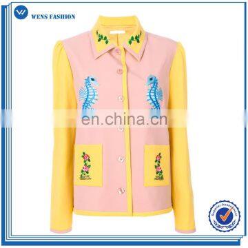 2017 New Style Custom Pink And Yellow Virgin Wool Blend Seahorse Embroidery Fitted Jacket For Women