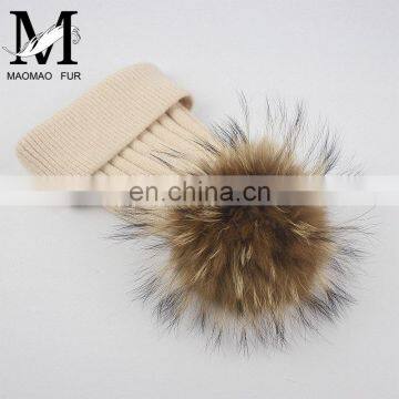 Top Quality Big Fur Pom Pom Kids Hats Raccoon Fur Balls Baby Knitted Hat photo-5