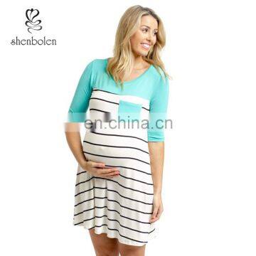 M3203 fashion colorblock mid stripe maternity dress hot sales casual trendy knitted soft fabric