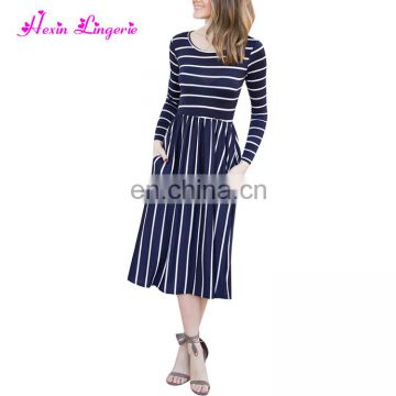 Latest fashion bluw Stripe Elastic Waist party young ladies dress korean design