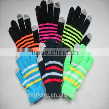 Wholesale acryllic stripe 5 fingers knitted touch gloves