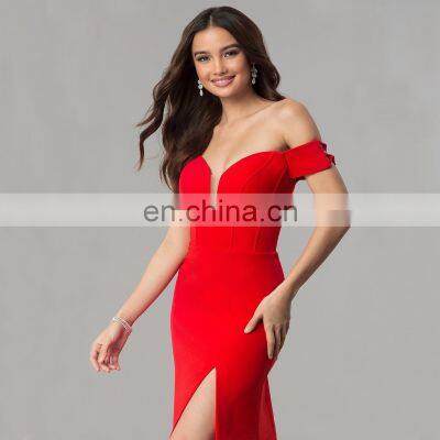 Women's Off The Shoulder Long Prom Dresses With Slit Lace Appliqued Chiffon Formal Party Gowns photo-5