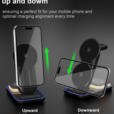 3-Level Adjustable Atmosphere Light 3 in 1 Vertical Wireless Charger for IPhone Watch Earphone Charging Stand
