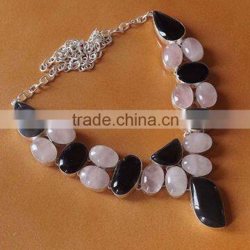 Rose Quartz, Black Onyx Necklace plated 925 Sterling Silver 111 Gms 18-20 Inches