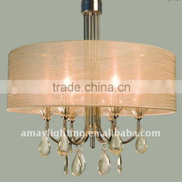 Modern hotel crystal chandelier with fabric shade and drops of crystal pendant light