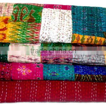 King-size-Patchwork-Silk-Kantha-Bed-Cover-Patchwork Kantha Blanket