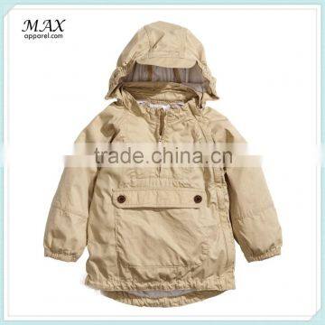 2014 hot sale detachable hood unlined Elbow patches pocket with flap and fastener Concealed zip baby cotton Anorak