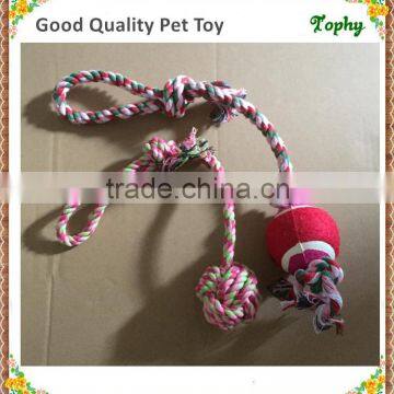 Colorful cotton rope tennis ball dog toy,smiling ball with rope kont and tug