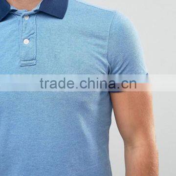 Short Sleeve Button Placket Split Sides Contrast Collar Men's 100% Cotton Breathable Pique 200g Casual Blue Blank Polo Shirt photo-3