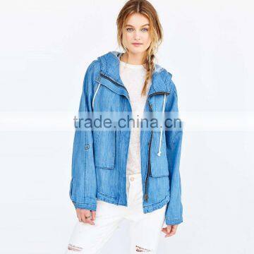 Zip up Women Denim Jacket Oversized With Hoodies and Curved Hem photo-5