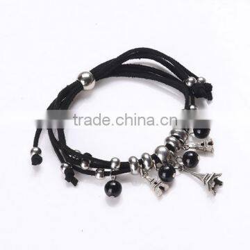 Multilayer black suede leather Eiffel Tower charm bracelets fashion Eiffel Tower cord bracelets for promotional items 2017