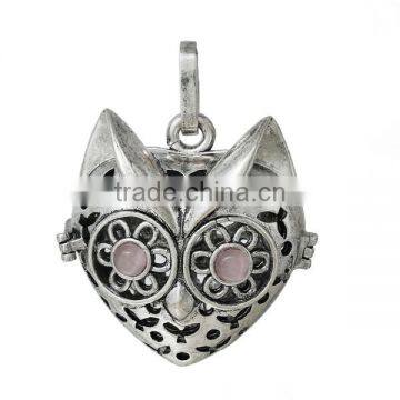 Copper Pendants Heart Halloween Owl Animal Antique Silver Pink Cat's Eye Glass Hollow Can Open 40mm x 32mm