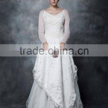 A-line Scoop Neck Satin Over Net With Embroidery Bridal Dress Lace With Crystal 3/4 Sleeve Wedding Dress AS29402 photo-3