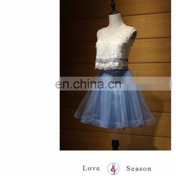 A17EL0006 Two Piece Sexy White and Navy Blue Skirt Short Leisure Keyhole Back Prom Dresses
