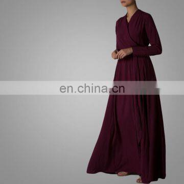 ManXun Modern Muslim Women Maroon Long Abaya Dress With Belt Islamic Kimono Clothing For Ladies photo-3