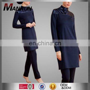 Muslim Style Swimwear Long Sleeves Navy Blue Lycra Material Fully Covered Swimsuits