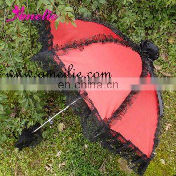 Red kids wholesale lace umbrella with black Lace frills