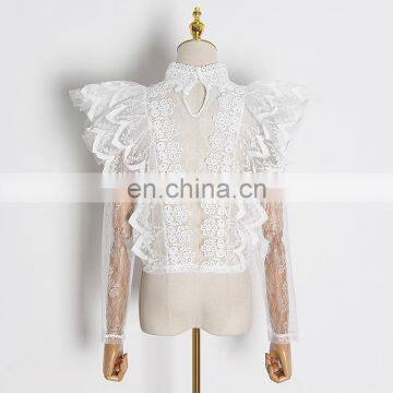 Casual Lace Turtleneck Long Sleeve Ruffles Perspective Mesh Women's Blouses