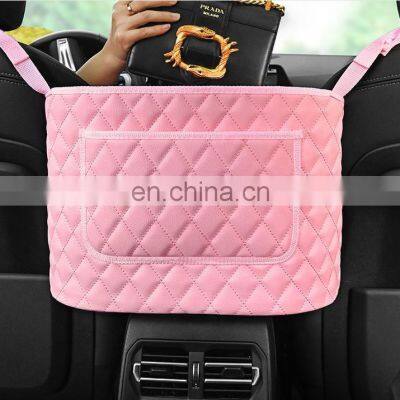 Seat Back Organizer Mesh with Premium Leather Car Storage for Purse Holder, Barrier of Backseat Pet Kids with pocket