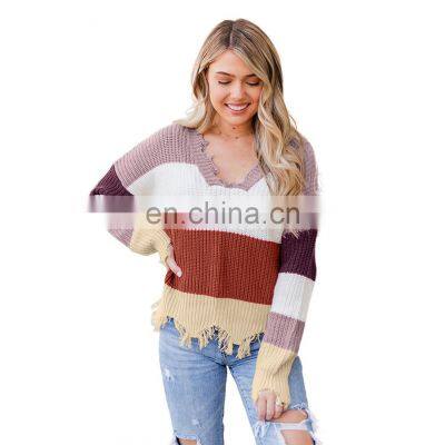 High Quality Winter Colorblock, Distressed Pullover Knit Women Loose Sweater/ photo-2