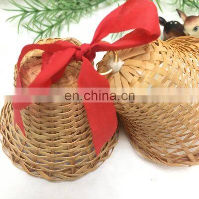 Mini Decor Two Wicker Bell Ornaments With Jingle Bells Clappers and Red Ribbon Bow Tie