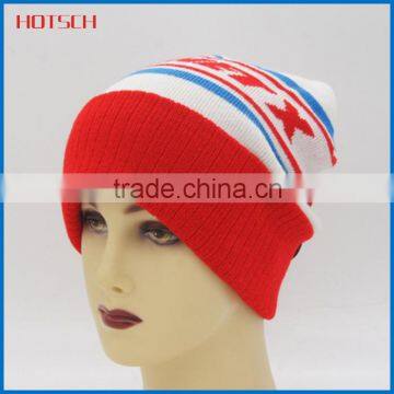 100% acrylic red beanie hat with top ball