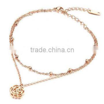 Two layers of hollow out the camellia rose gold anklets