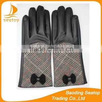 2016 women fashion leather-cloth patched checker gloves