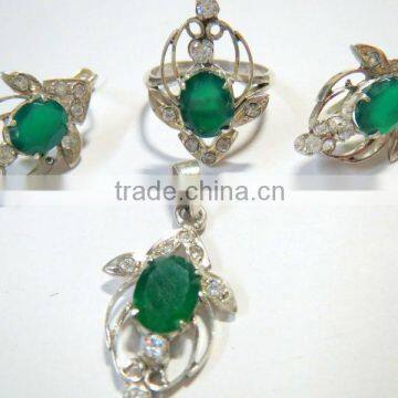 Natural Green Onyx 925 silver Pendant Ring and Earring Set