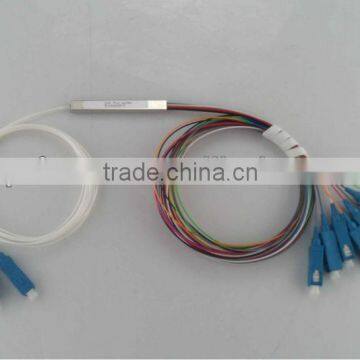 2*8 1260-1650nm Steel mini module type,0.9mm cable dia. 1.5m length,with SC/APC connector FTTH PLC Splitter