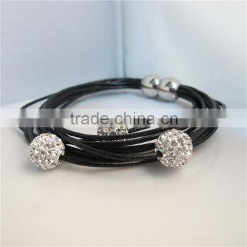 2013 fashion Cowhide Leather Magnetic Clasps Bracelets Brown Clear Rhinestone Beads 20cm(7 7/8") mix order RBB062