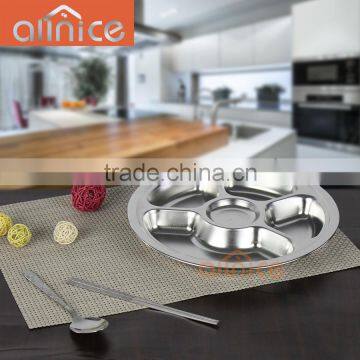 wholesale stainless steel non magentic 5 compartments deep dinner plate /food tray