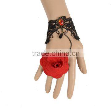 Elegant Black Lace Bracelet Inlay Red Rhinestone with Alloy Chain Red Big Flower Ring