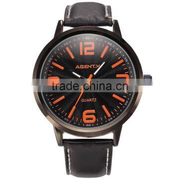 Fashion Stainless Steel Oversized Black Case Leather Strap Quartz Men Watch
