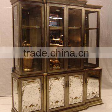 Antique Wooden Curio Cabinets, Exquisite Gold Painting Display Cabinet With Glass Mirror, Classical Wood Carved Wine Cabinet