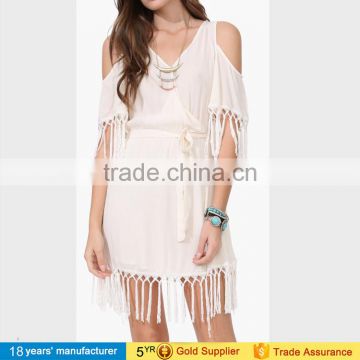 Sexy chic boho style off shoulder summer white lace chiffon women dresses with tassel