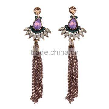 Bohemian jewelry rhinestone gems with long chain tassel charms earrings for women